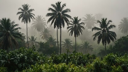 Jungle in morning fog with coconut palms.