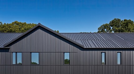 Obraz premium A charming small house in France showcases a modern design with vertical gray metal cladding and white walls against a clear blue sky, embodying simplicity and serenity