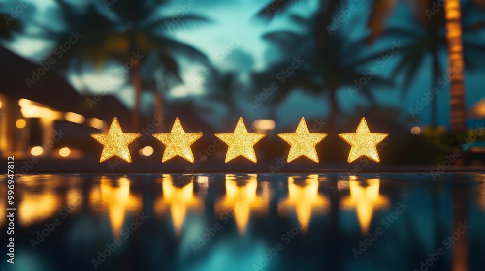 Poster five illuminated stars float above a serene pool, reflecting the warm glow against palm trees at a t