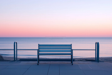 Obraz premium Seaside Dawn: An Aluminum Door Overlooking a Calm Beach at Sunrise, Pastel Hues Painting the Sky
