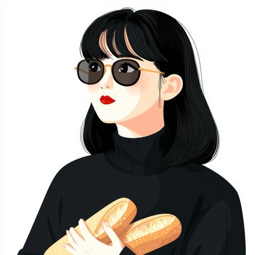 recommend clip art: Parisian lifestyle doodle of a woman hugging a baguette on a transparent background