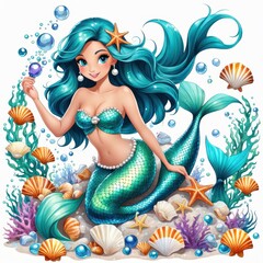 A colorful mermaid surrounded by seashells and coral in an underwater scene.