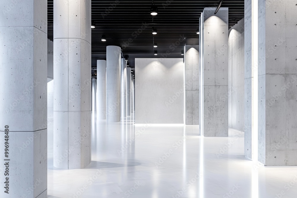 Poster 3d rendering of an empty interior with columns and windows.
