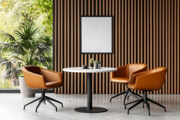 Board meeting interior with armchairs and panoramic window. Mockup wall.