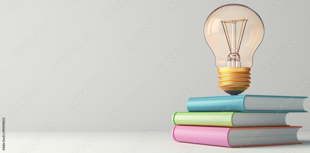 Poster a stack of colorful books with a light bulb shape on a white background. this is a 3d rendering.