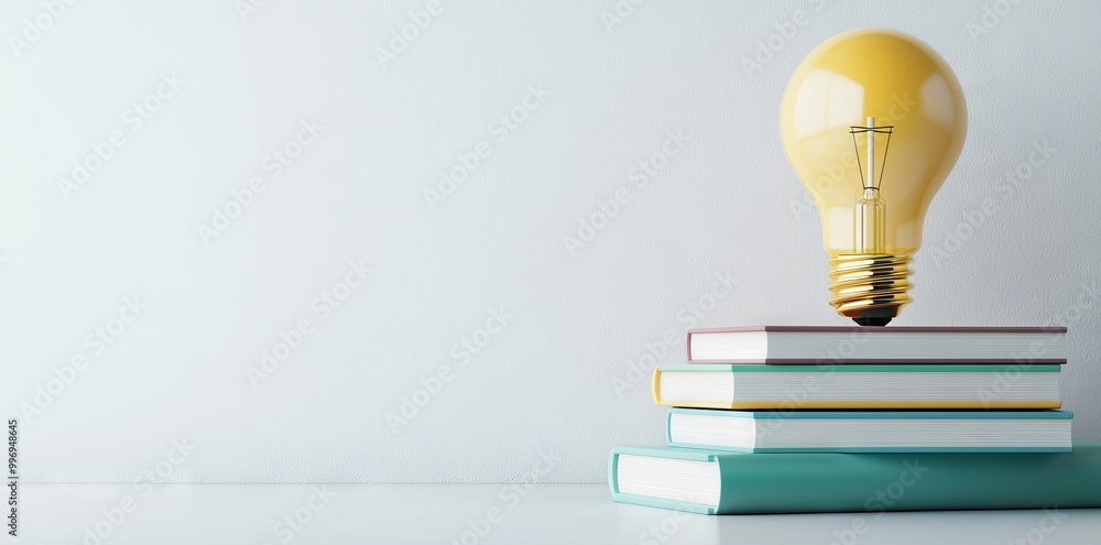 Aufkleber three-dimensional rendering of colorful books forming a light bulb shape on white background.