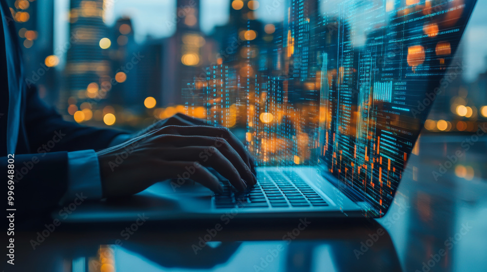 Poster a person working on a laptop with financial data and city skyline background during twilight hours i
