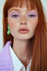 close-up photo of a makeup look on the face of a red-haired model with green eyes, wearing pastel purple eyeshadow and pink eyeliner, a white shirt, jade earrings, long straight ginger hair