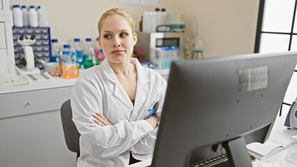 An attractive blonde woman appears annoyed while working at her computer in a laboratory setting.