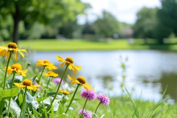 Coneflowers in a Wisconsin native plant garden by the river during the summer