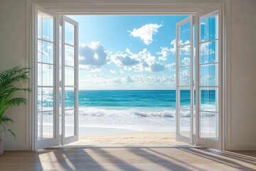 Urban Coastal View: A Modern Aluminum Seaview Door Overlooking a Bustling Harbor City