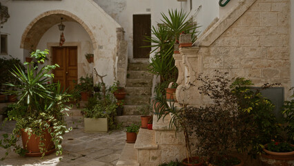 Naklejka premium A charming courtyard filled with potted plants and historic stone architecture in locorotondo, italy, showcasing mediterranean beauty and rustic charm under the puglian sun.