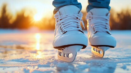 White figure skates on ice closeup. Traces of skate blades surface. Seasonal winter sport. Woman legs on skating rink close up. Holiday, Christmas, winter activity. Banner, poster, wallpaper