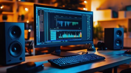 A modern workspace featuring a computer setup for audio editing and production.