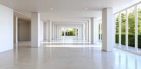 Obraz premium This template shows an empty, modern concrete room with pillars, a row of square ceiling lights and rough flooring.