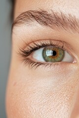 Obraz premium The woman is having her eye lids operated on blepharoplasty to remove the bags under her eyes and cope with aging. A post-op bandage is covering the scars and preventing bleeding after the surgery.