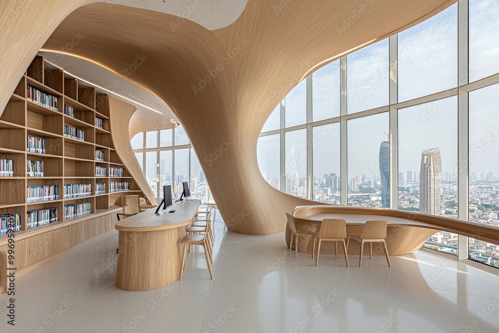 Poster 3d render of modern open office space with large windows and a city view.
