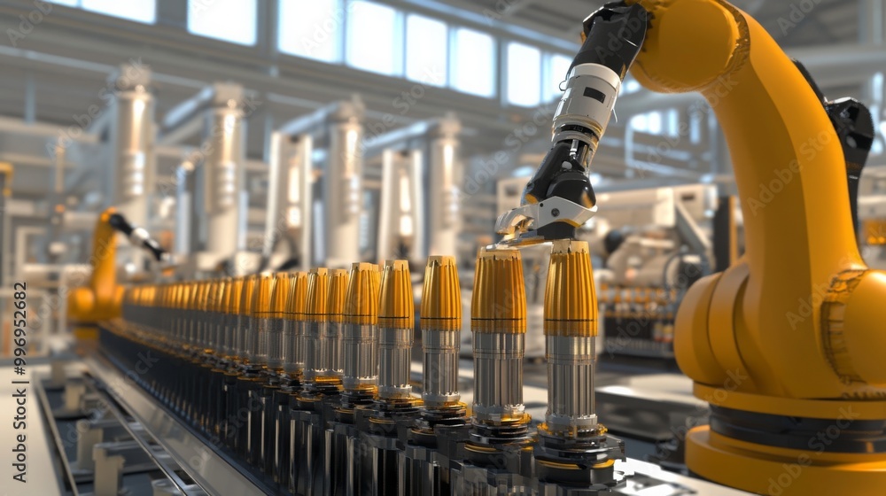 Poster Advanced robotic technology operates efficiently in a well-lit manufacturing facility, assembling precision components on a streamlined production line, showcasing modern automation in action.