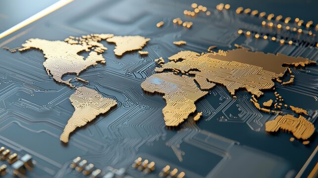 The surface of a microelectronic circuit in a close-up shows a world map design, symbolizing global connectivity and integration.