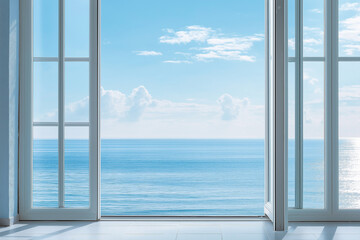 Fototapeta premium Crystal Clear Seaview: An Aesthetic Aluminum Door with an Unobstructed View of the Sparkling Ocean