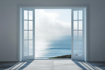 Fototapeta premium Misty Coastal View: An Elegant Aluminum Seaview Door Overlooking a Foggy Ocean Landscape