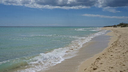 Pristine pescoluse beach in salento, puglia, italy with serene waves gently lap the sandy shore under a partly cloudy sky.