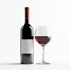 On a transparent background, a mock up of a red wine bottle is displayed alongside a wine glass