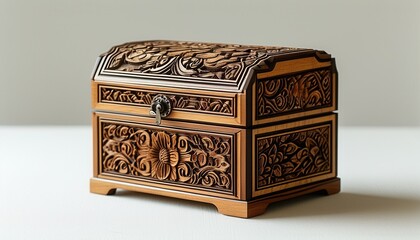 Detailed Wooden Jewelry Box with Intricate Carvings