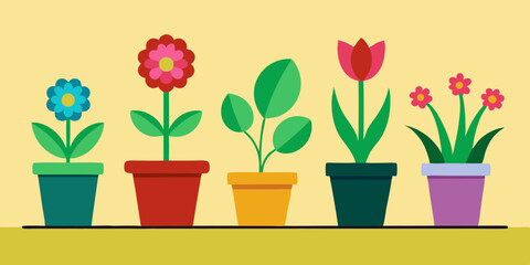 set of Illustration of various kinds of flowers in pots