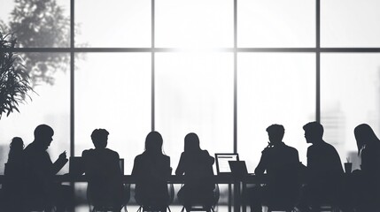 Group of diverse office workers brainstorming ideas around a table, copy space