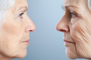 Facelift results on a woman showing before and after. Mature woman posing before and after aesthetic beauty cosmetic procedure. Skin aging treatment, facial wrinkles treatment, skincare.