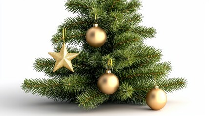 Isolated on white background, a golden ornament decorates a Christmas tree