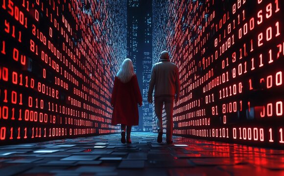 A futuristic city is filled with red binary code raining from two hackers at night