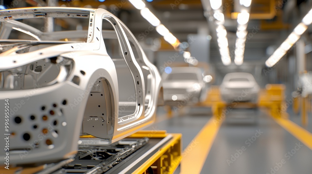 Poster various car chassis are built on an assembly line in a high-tech production environment, emphasizing