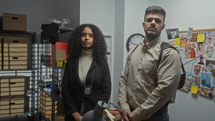 A serious man and woman in an office with a detective board, clock, and files, portraying...