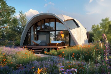 A modern geodesic dome house with a unique design, situated in a meadow filled with wildflowers. The house features large windows and a small deck with outdoor seating.