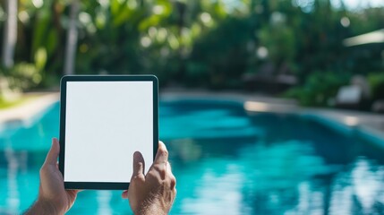 Man using tablet by the pool, blank white mock up screen