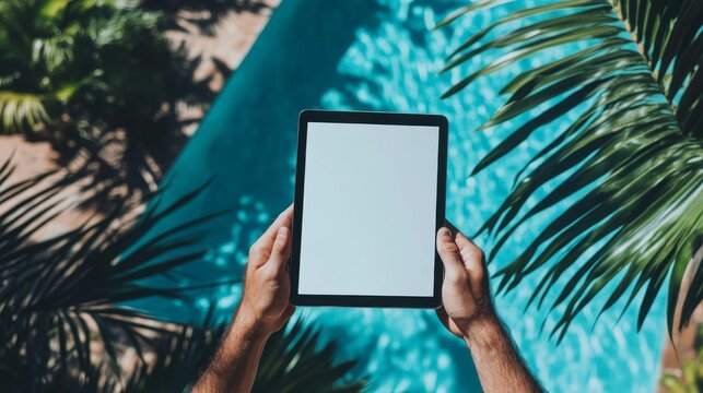 Man using tablet by the pool, blank white mock up screen - Powered by Adobe