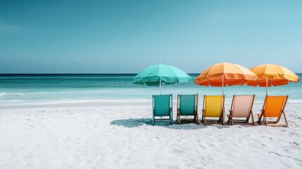 A picturesque scene featuring five colorful beach chairs and corresponding umbrellas facing the serene ocean, depicted on a sunny, clear day with a brilliant blue sky.