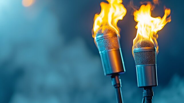 During a live concert, an intense lighting setup and massive flame bursts capture the energy and excitement of the performance.