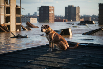 A lonely dog that escaped the flood stands on the roof of a house.  A massive flood has swamped the...