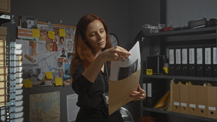 Redheaded woman detective examines evidence in cluttered office workspace.