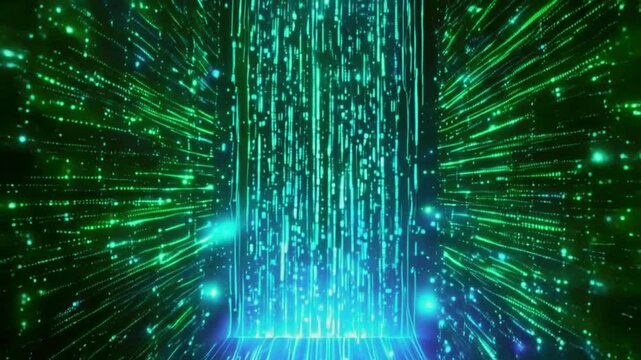 A waterfall of binary codes and data streams height, sheer volume of big data processed and transferred. network of glowing circuits, 4k Technology Background Animation Video