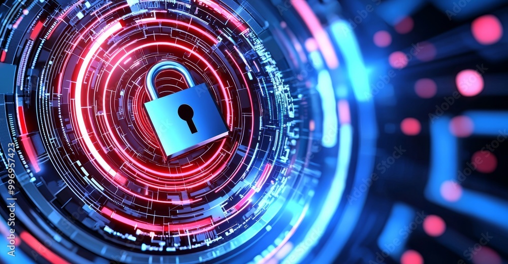 Poster digital background with a padlock surrounded by glowing technology elements illustrating cybersecuri