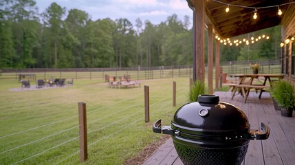 Decorative string lights are hanging above a patio area above a barbecue grill in an outdoor evening scene.