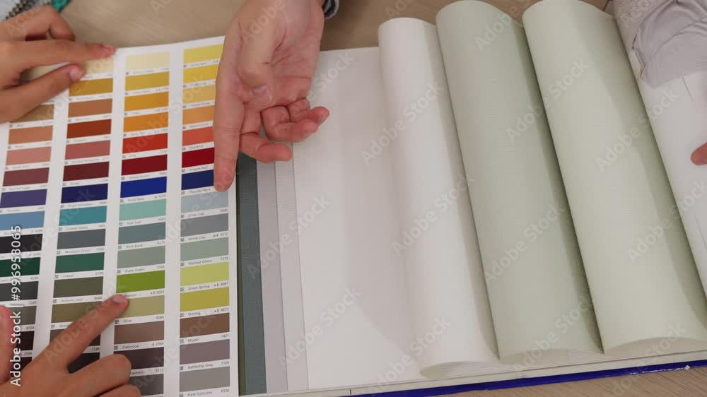 Poster hand closeup architect and interior designer presenting textile material and color from color palett