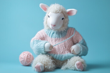 Fototapeta premium The Industrious Sheep: A Busy Anthropomorphic Knitter Crafting a Cozy Sweater in a Rustic Workshop