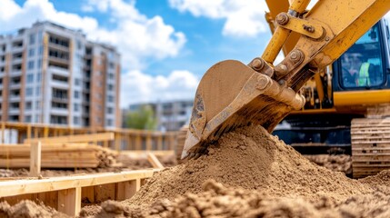 Towards an industrial building, workers in safety gear monitor a construction site and surroundings with yellow excavators moving sand and gravel