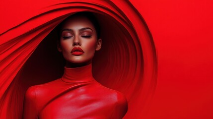 A striking woman in bold red attire is draped with flowing fabric, surrounded by a vivid red backdrop, embracing drama and powerful aesthetic form.
