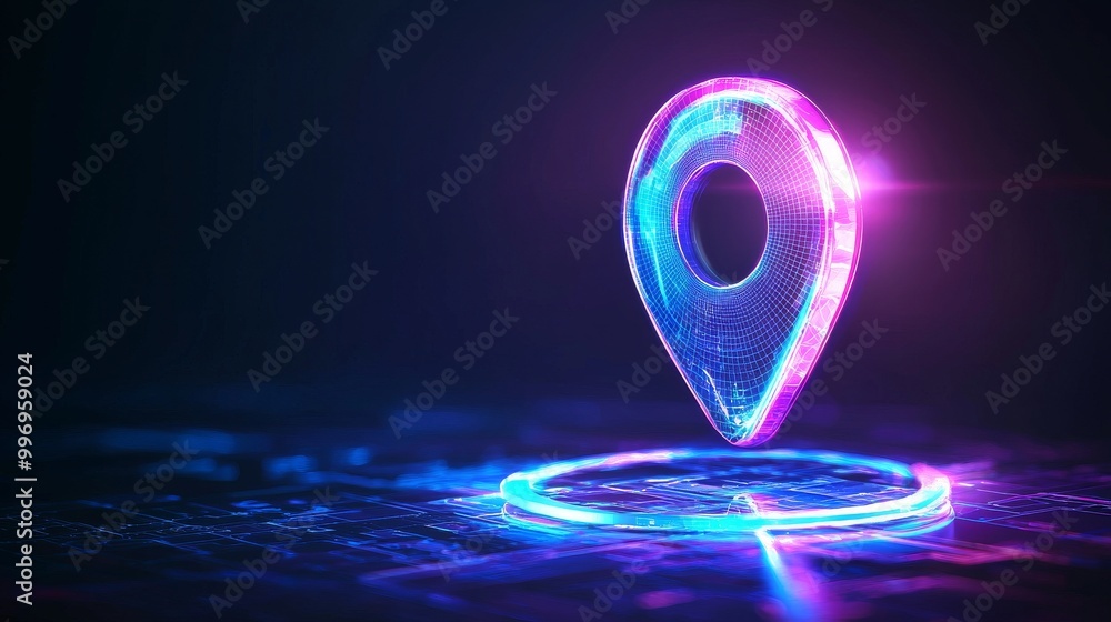 Poster an abstract location pin for a travel concept with a 3d effect. low poly wireframe illustration in f